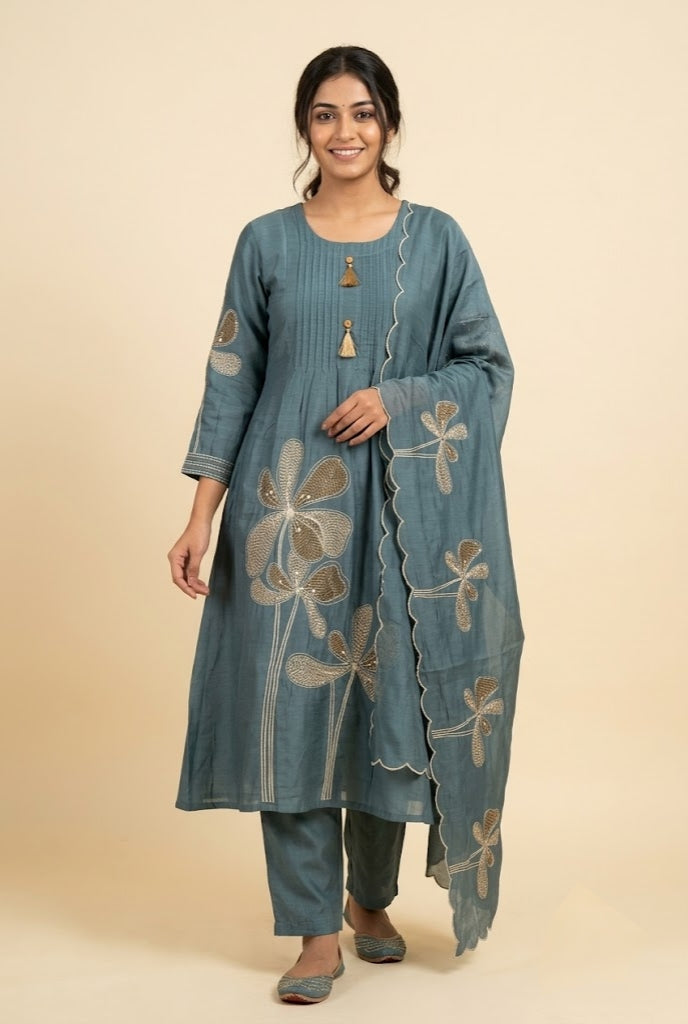 Dusty Blue Floral Embroidered Kurta Dupatta Set