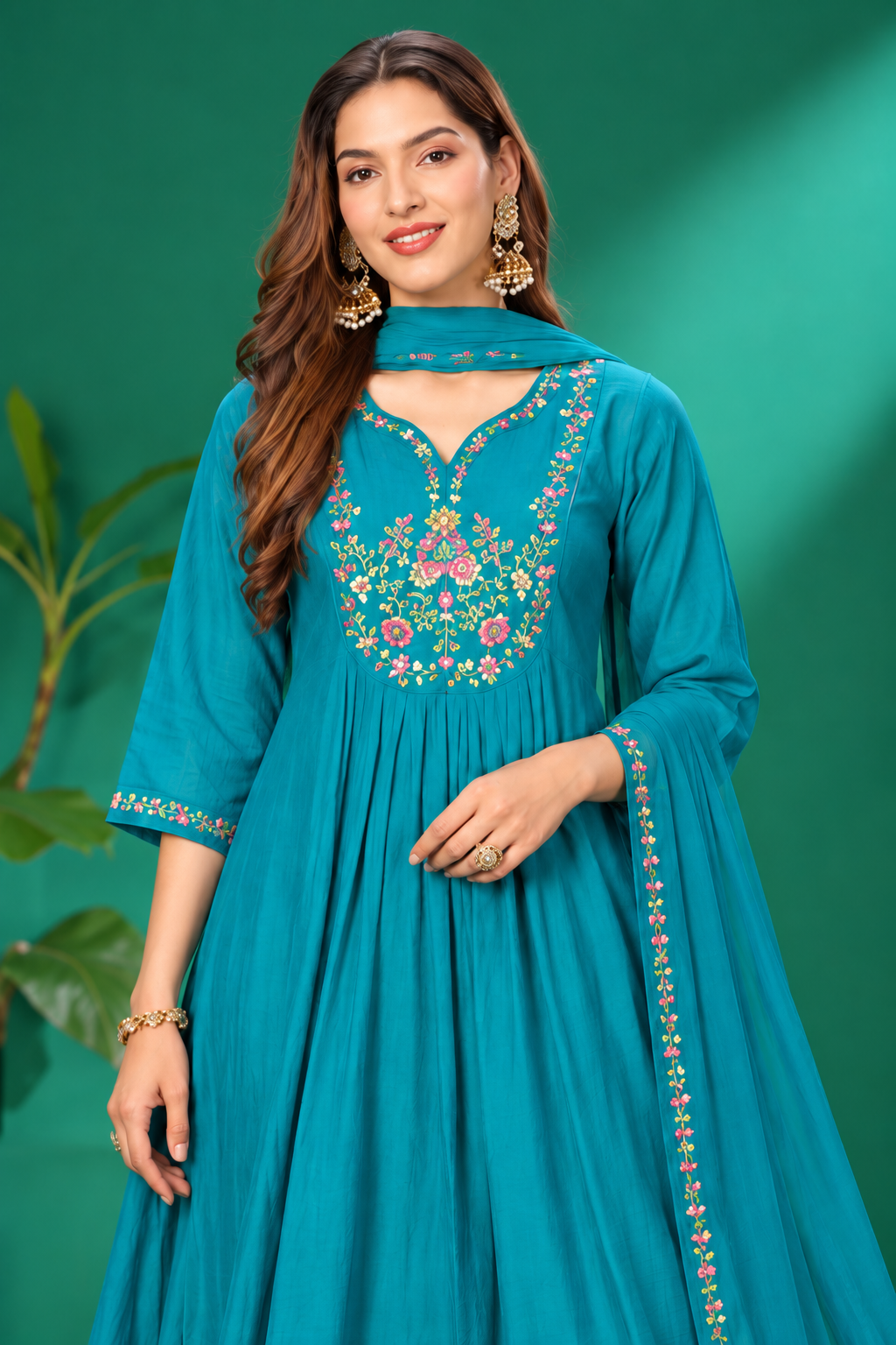 Teal Blue Embroidered Festive Kurta Set