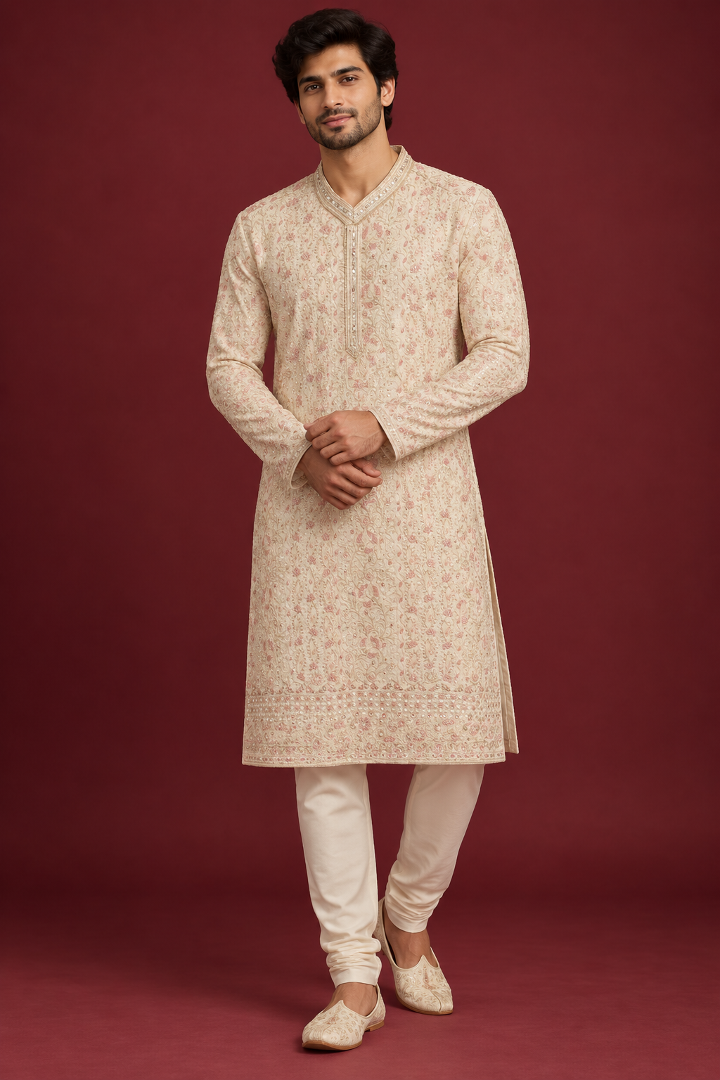 Men’s Ivory Embroidered Ethnic Kurta Set
