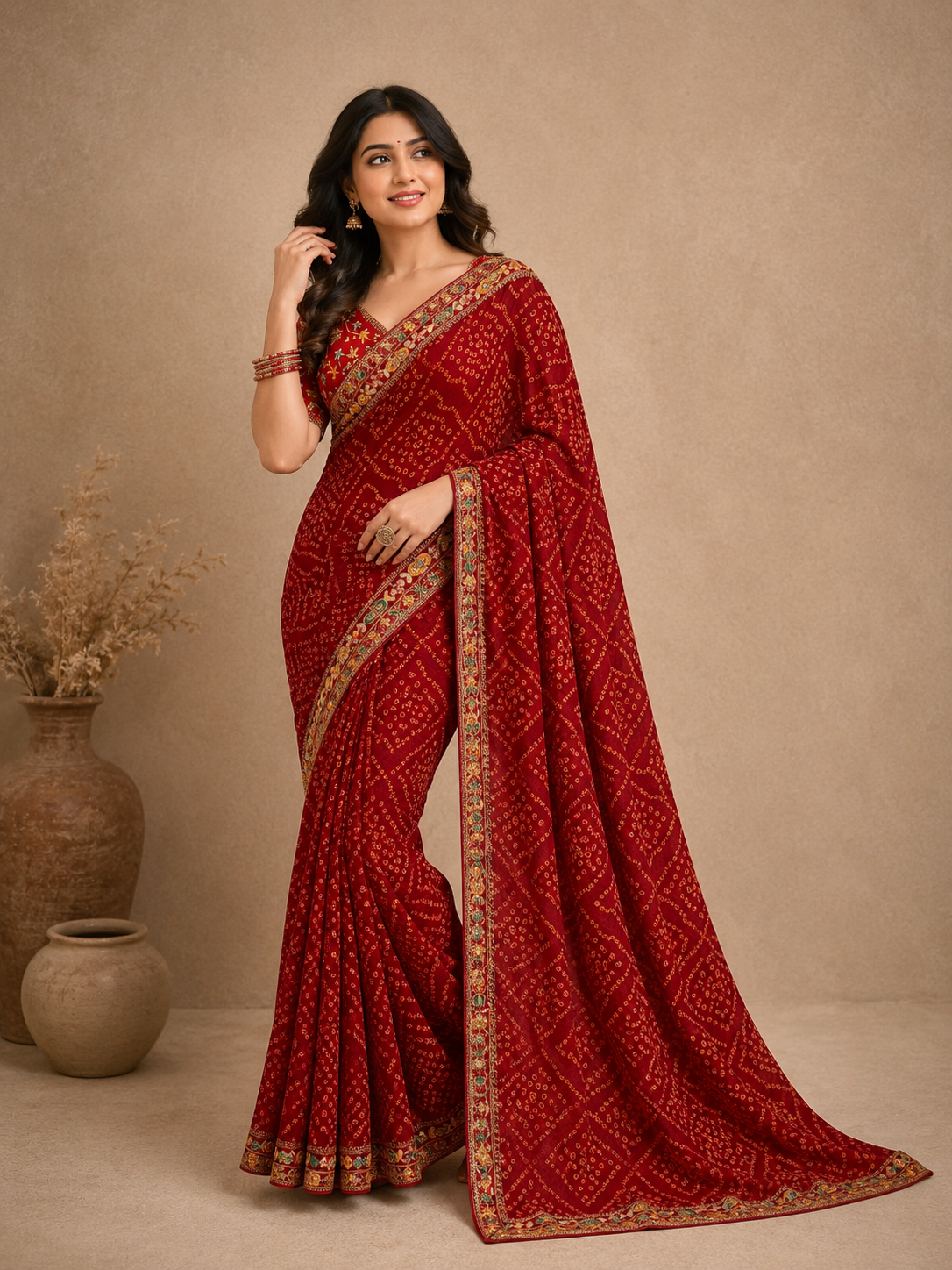 Women's  Bandhani Printed Saree with Designer Border