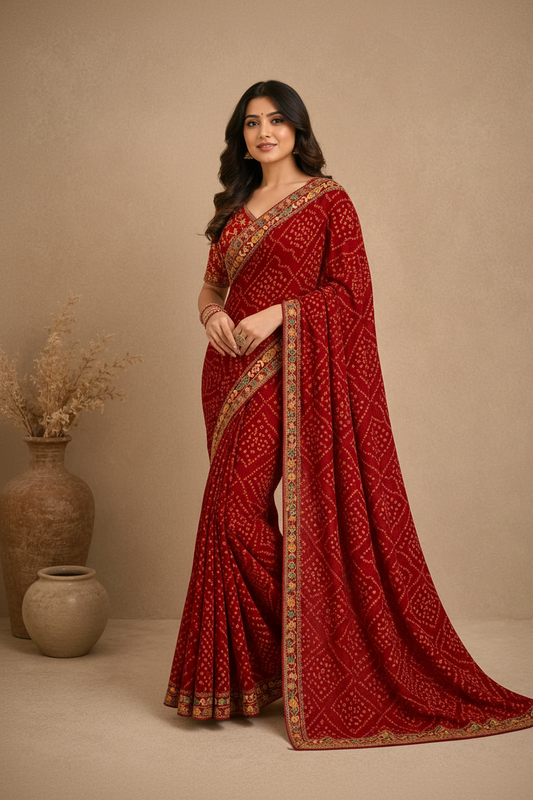 Women's  Bandhani Printed Saree with Designer Border