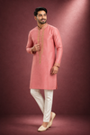 Peach-Pink Embroidered  Kurta for Men