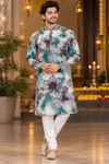 Grey Teal Floral Print Festive Kurta