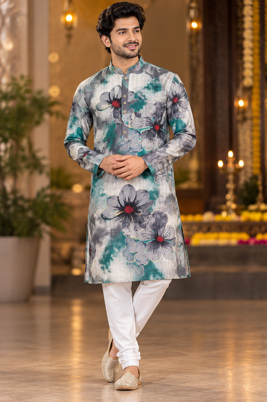 Grey Teal Floral Print Festive Kurta