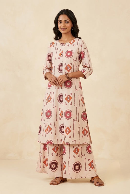 Abstract Print Mandarin-Neck Kurti Co-Ord Set