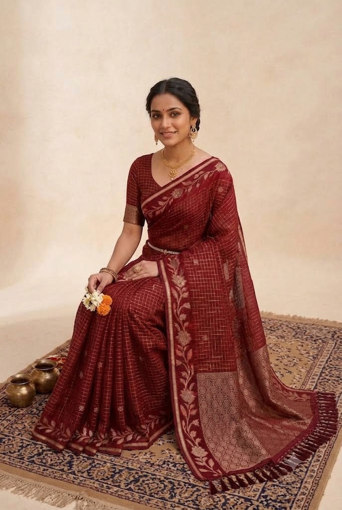 Deep Checked Silk Saree with Floral Zari Border