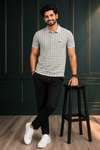 Men's Premium Light Grey Printed Polo T-Shirt | Soft Cotton Blend | Smart Half Sleeve Polo