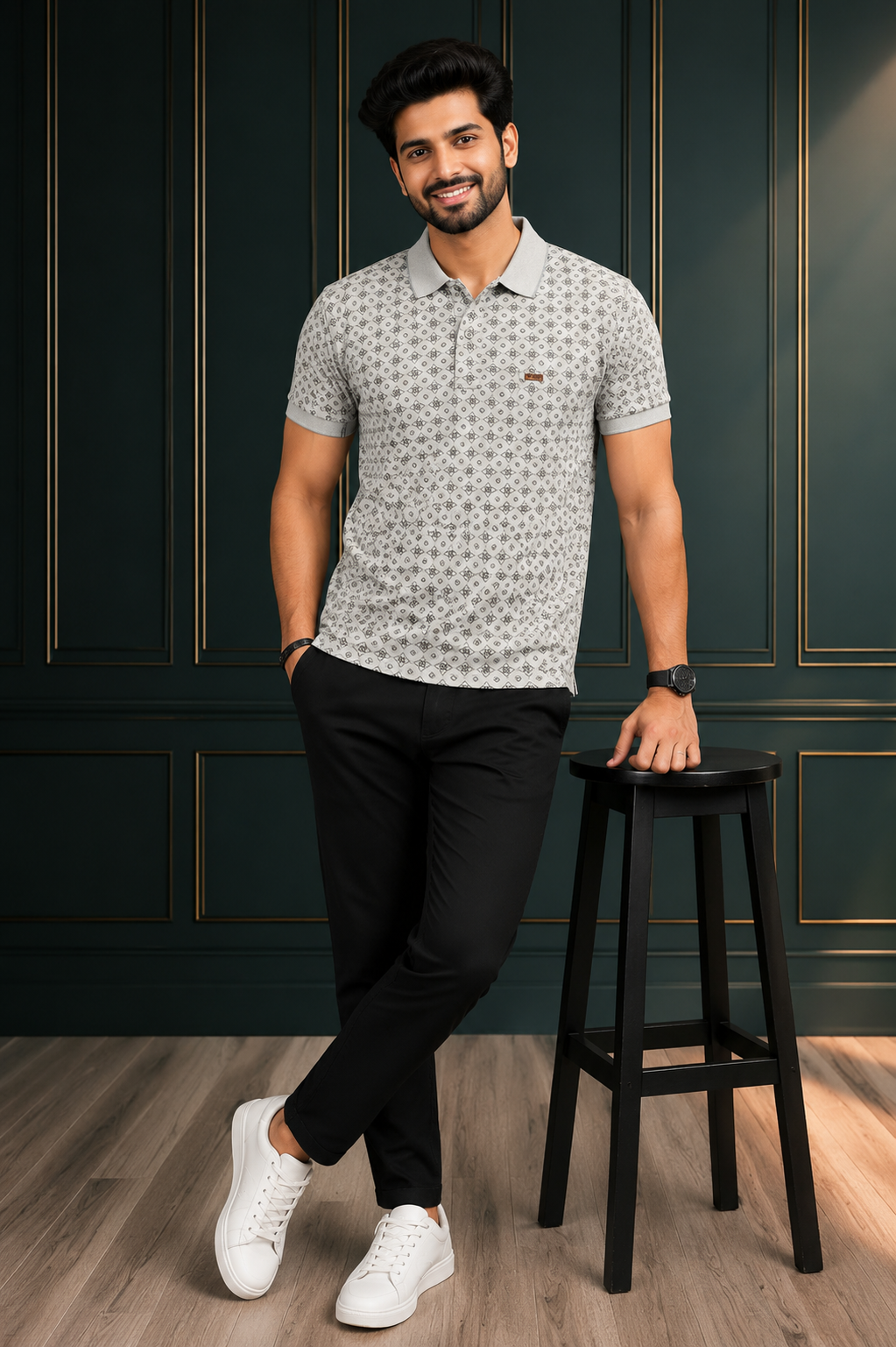 Men's Premium Light Grey Printed Polo T-Shirt | Soft Cotton Blend | Smart Half Sleeve Polo