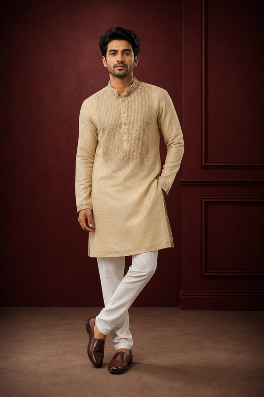 Champagne Beige Embellished Festive Kurta Set for Men