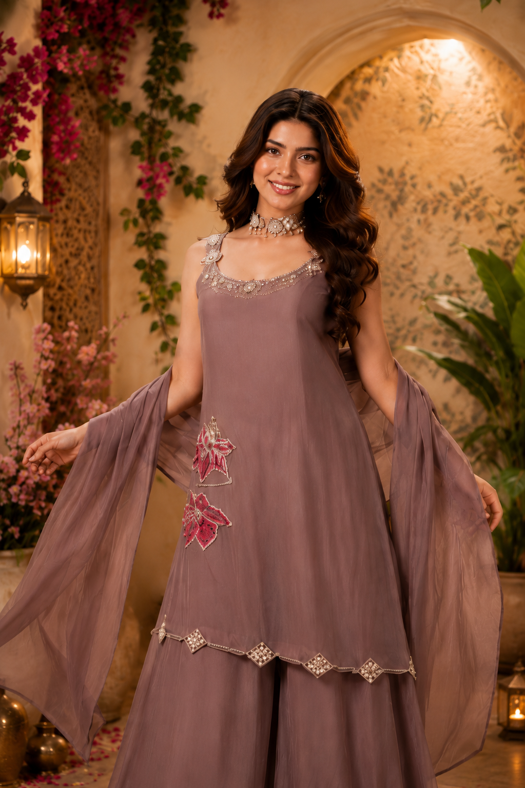 Embroidered Designer Kurta Set with Palazzo & Chiffon Dupatta
