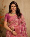 Elegant Pink & Beige Printed  Blend Saree with Rich  Zari Border