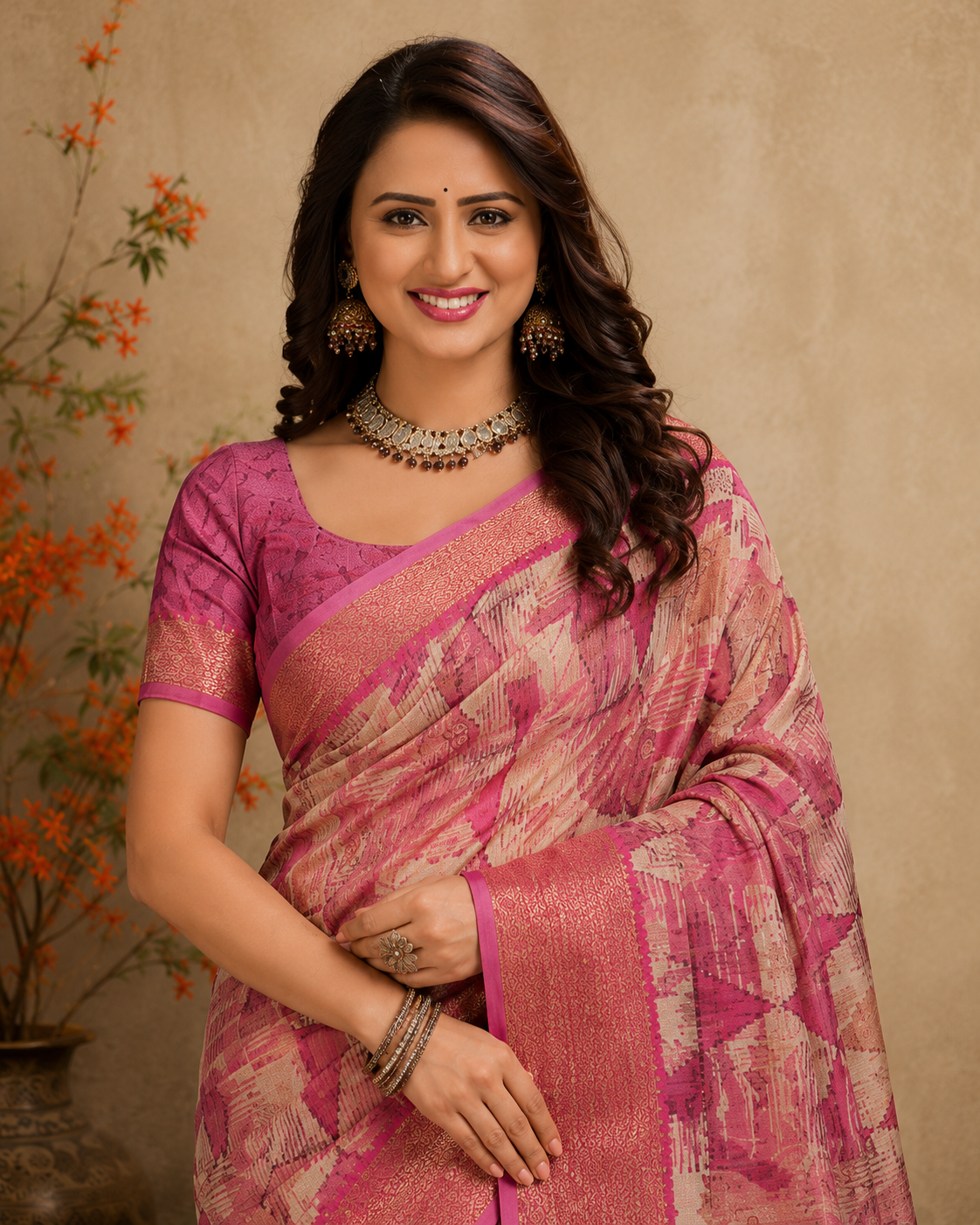 Elegant Pink & Beige Printed  Blend Saree with Rich  Zari Border