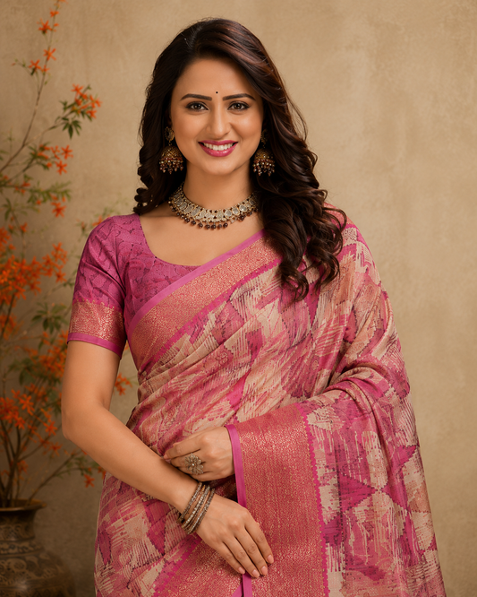 Elegant Pink & Beige Printed  Blend Saree with Rich  Zari Border