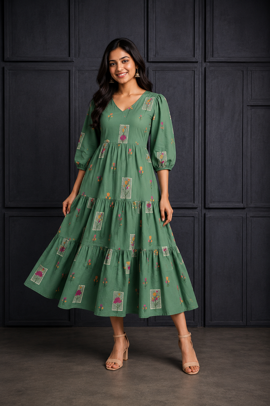 Sage Green Floral Printed Tiered Midi Dress