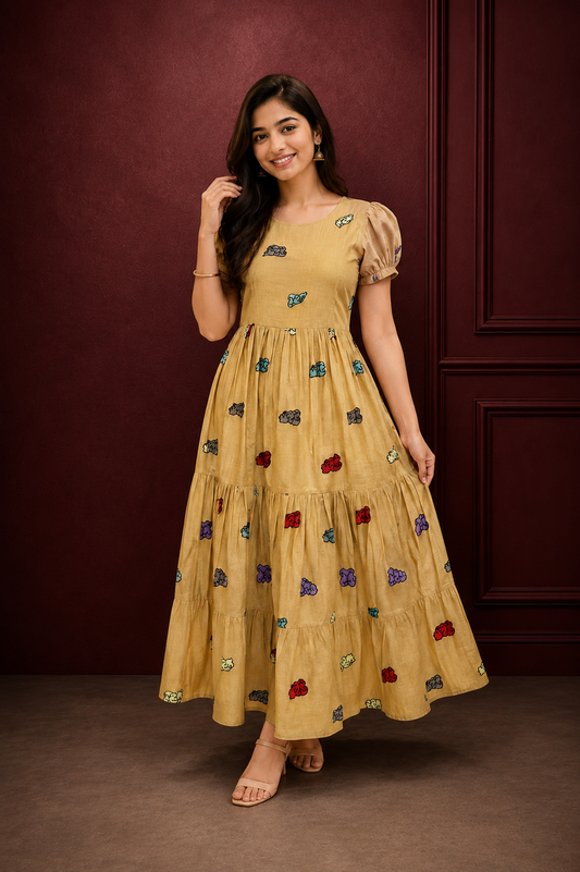 Women’s Mustard Yellow Printed Tiered Maxi Dress