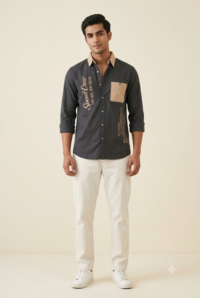 Men's Charcoal Grey Colorblocked Casual Shirt