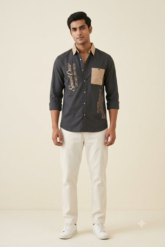 Men's Charcoal Grey Colorblocked Casual Shirt