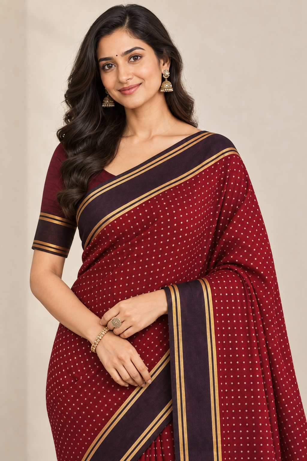 Maroon Dotted Handloom Saree with Contrast Border