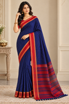 Royal Navy Blue Saree with Red Traditional Border