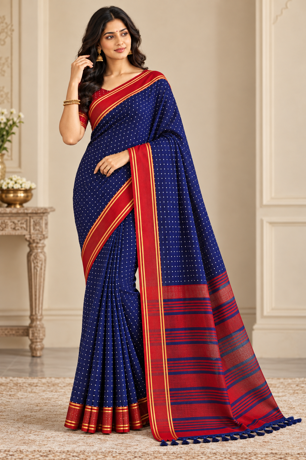 Royal Navy Blue Saree with Red Traditional Border