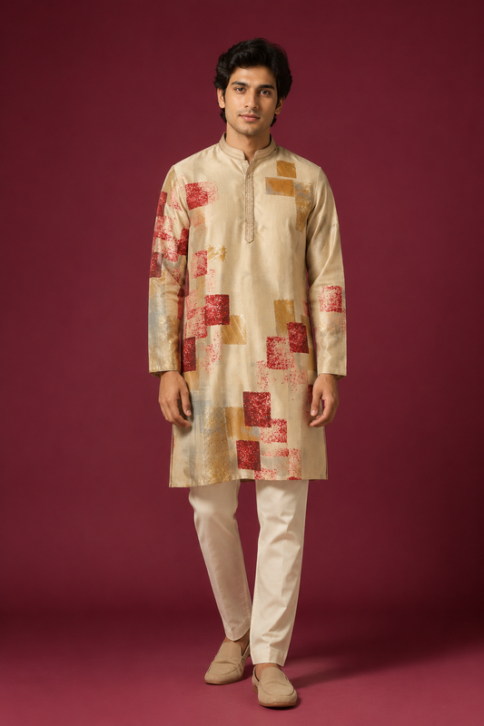 Beige Abstract Printed Festive Kurta