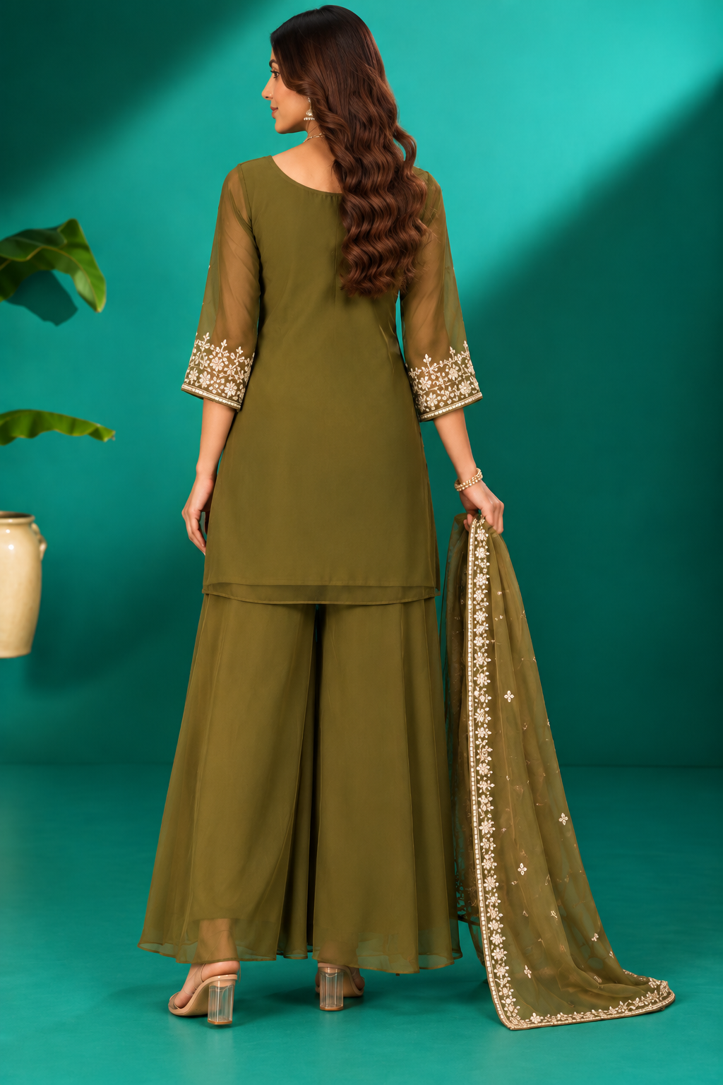 Olive Green Embroidered Sharara Set