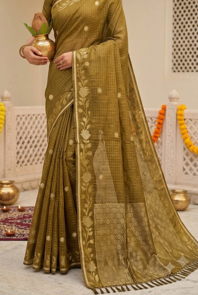 Olive Gold Woven Silk Saree with Floral Zari Border