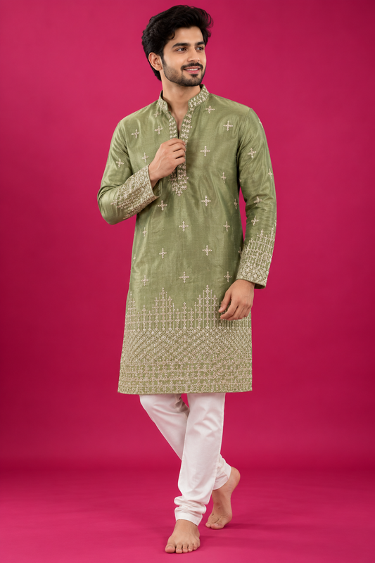 Olive Green Embroidered Festive Kurta Set