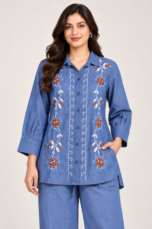 Women's Denim Blue Floral Embroidered Co-Ord Set