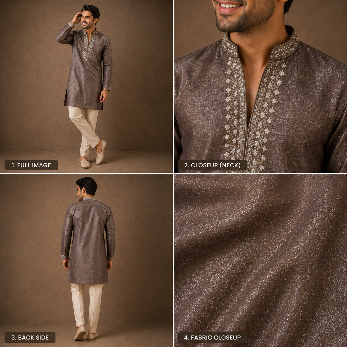 Mocha Brown Shimmer Embroidered Festive Kurta Set