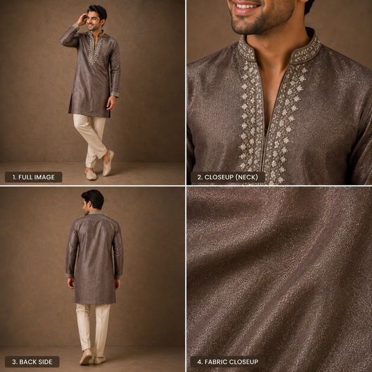 Mocha Brown Shimmer Embroidered Festive Kurta Set