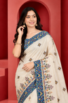 Elegant Cream Saree with Blue Patola Border