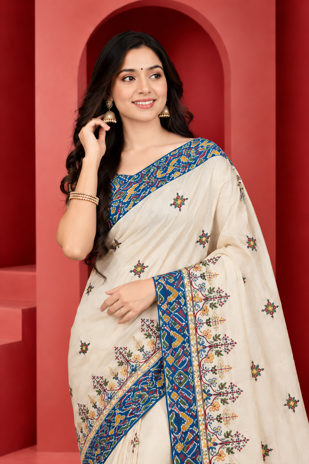 Elegant Cream Saree with Blue Patola Border