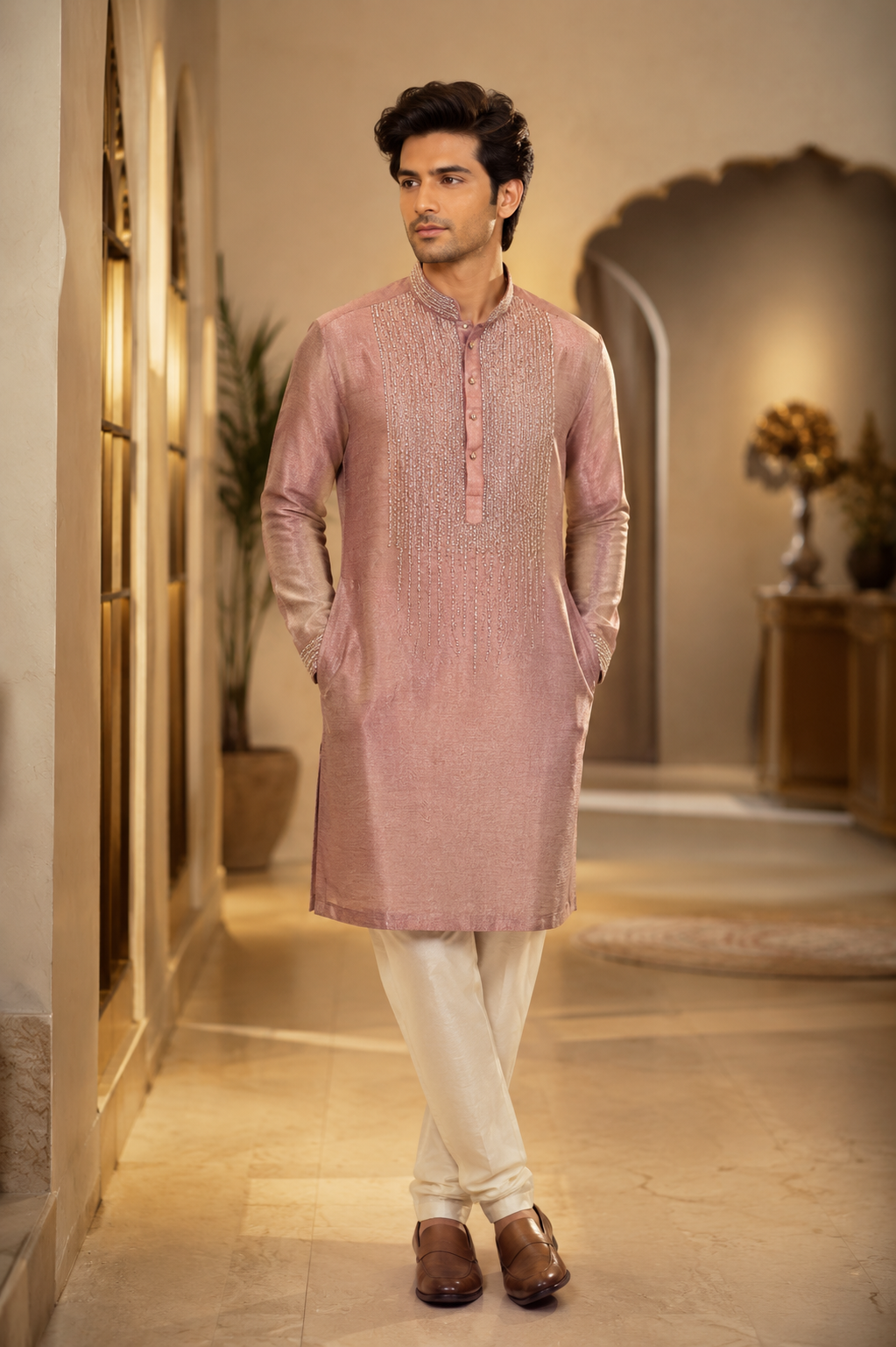 Dusty Rose Embellished Festive Kurta for Men