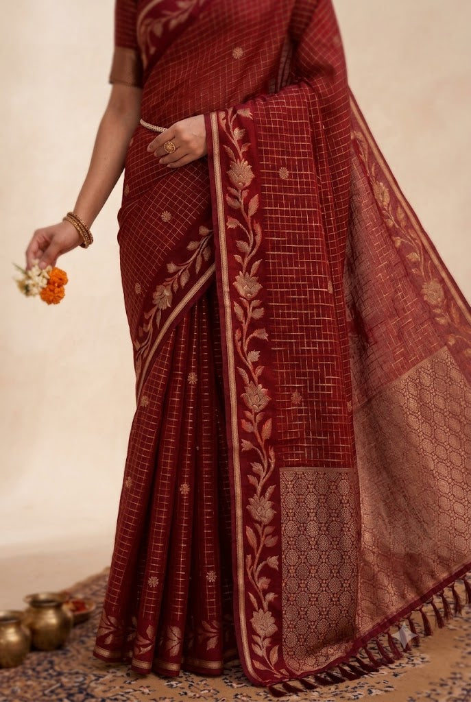 Deep Checked Silk Saree with Floral Zari Border
