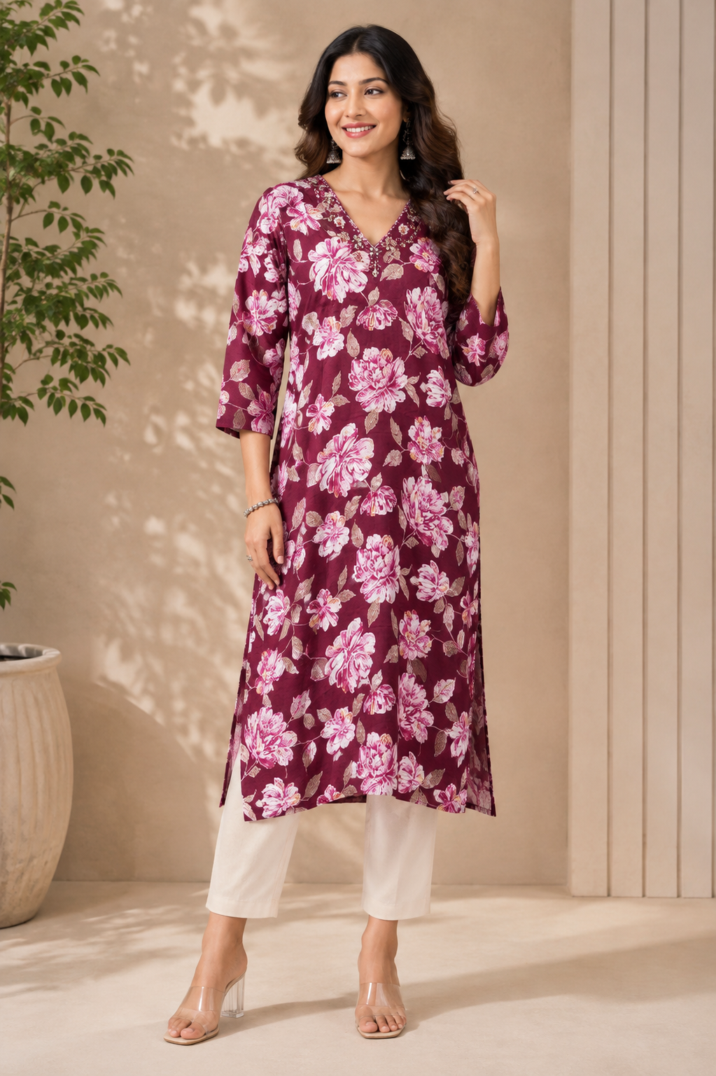 Wine Bloom Floral Kurti