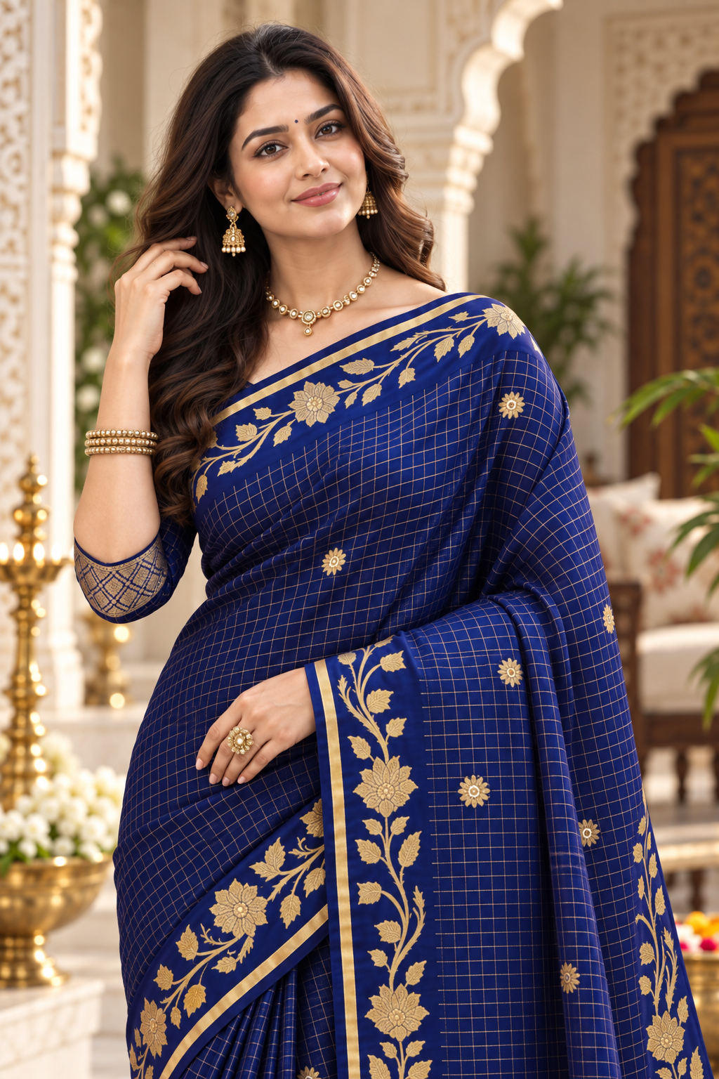 Royal Blue Zari Floral Saree