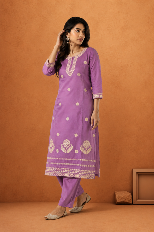 Lavender Embroidered Kurta Pant Set for Women
