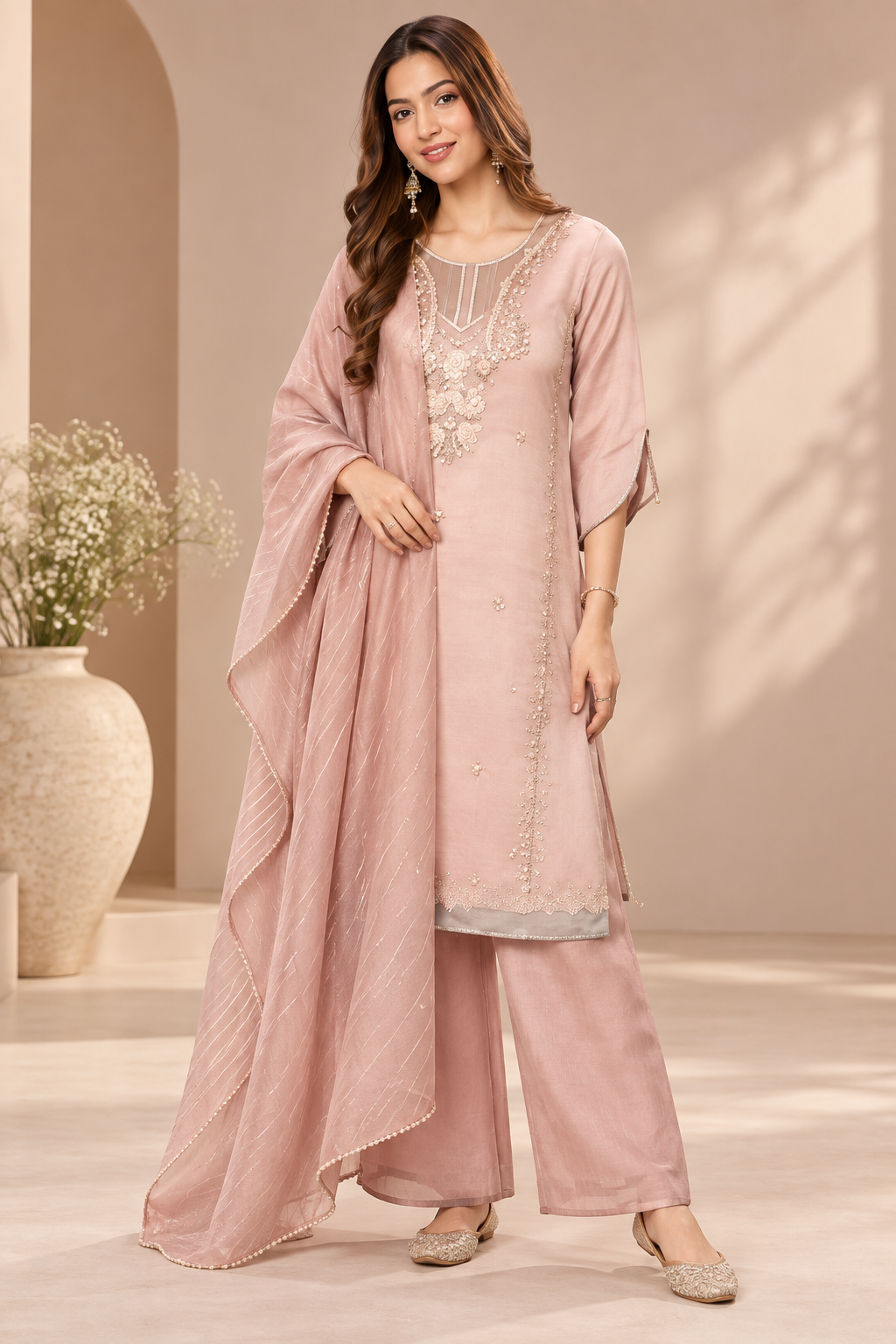 Dusty Pink Embroidered Palazzo Suit Set