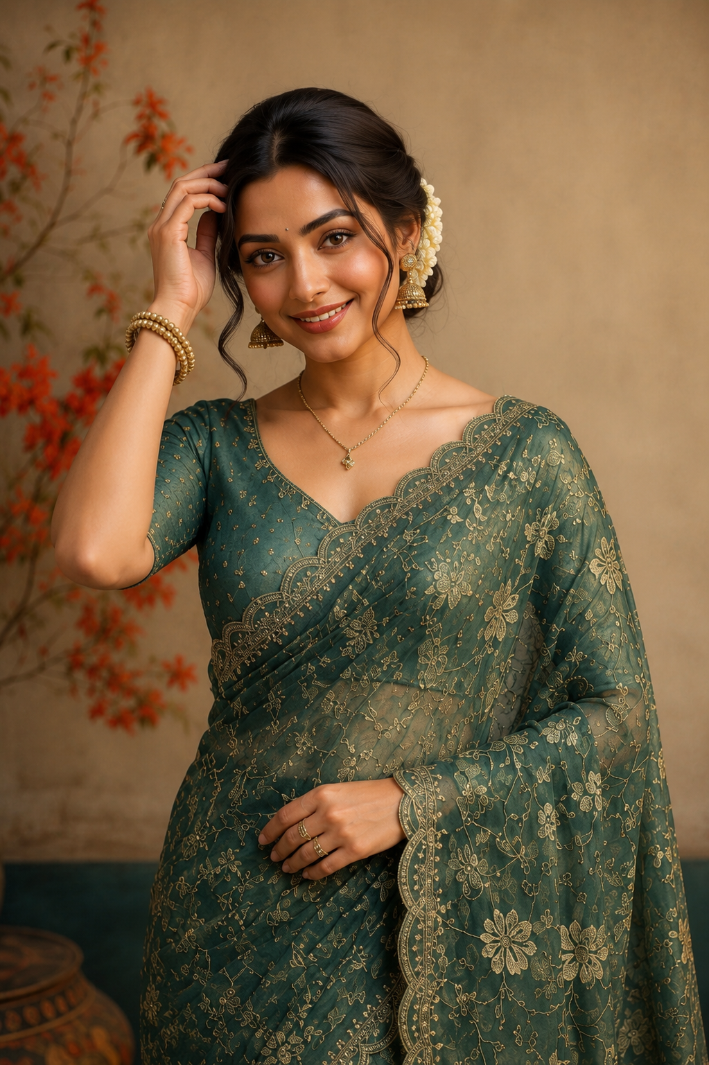Elegant Sage Green Floral Embroidered Saree with Delicate Lace Border