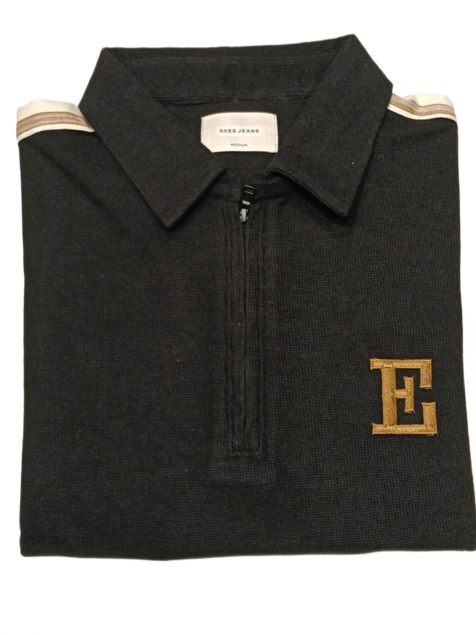 Men’s Black Half-Zip T-Shirt with Contrast Sleeve Stripes