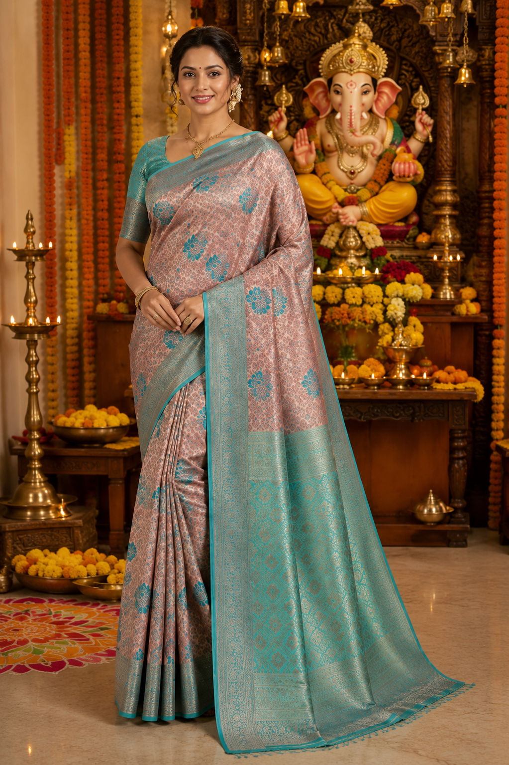 Peach Pink & Turquoise Saree with Rich Zari Pallu
