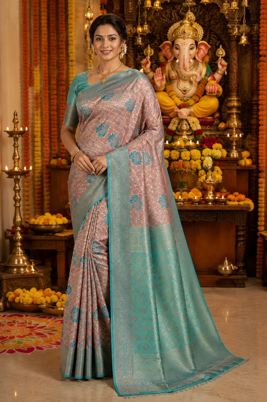 Peach Pink & Turquoise Saree with Rich Zari Pallu