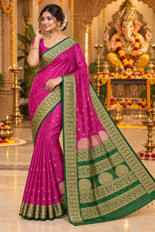 Festive Magenta & Green Woven Silk Saree