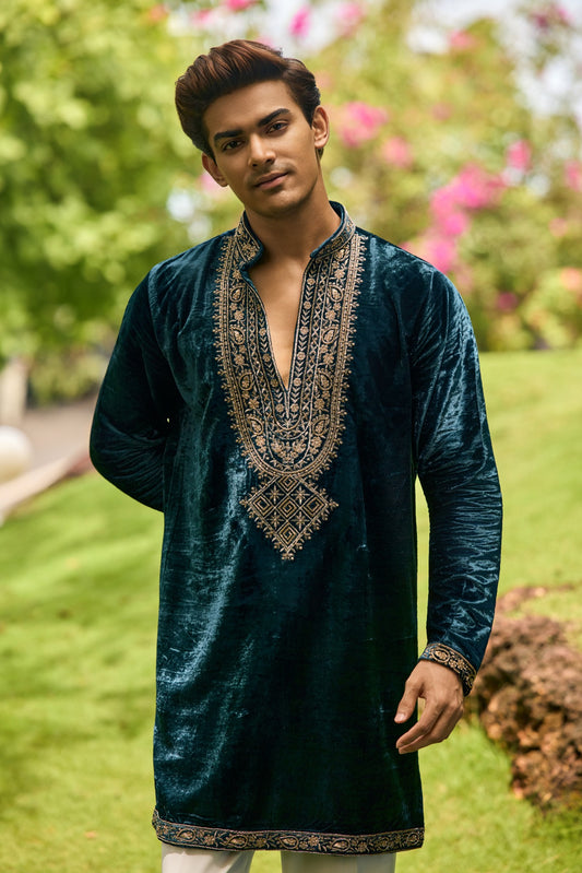 Teal Velvet Embroidered Festive Kurta