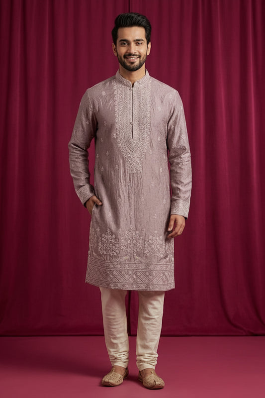 Men’s Dusty Mauve Embroidered Festive Kurta