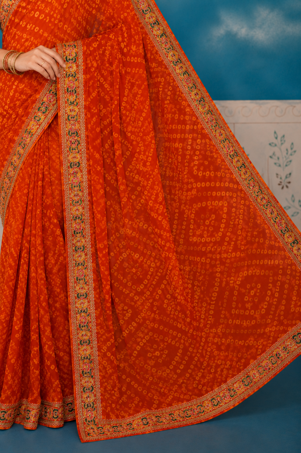 Radiant Orange Bandhani Printed Saree with Embroidered Border | Festive Ethnic Saree for Women