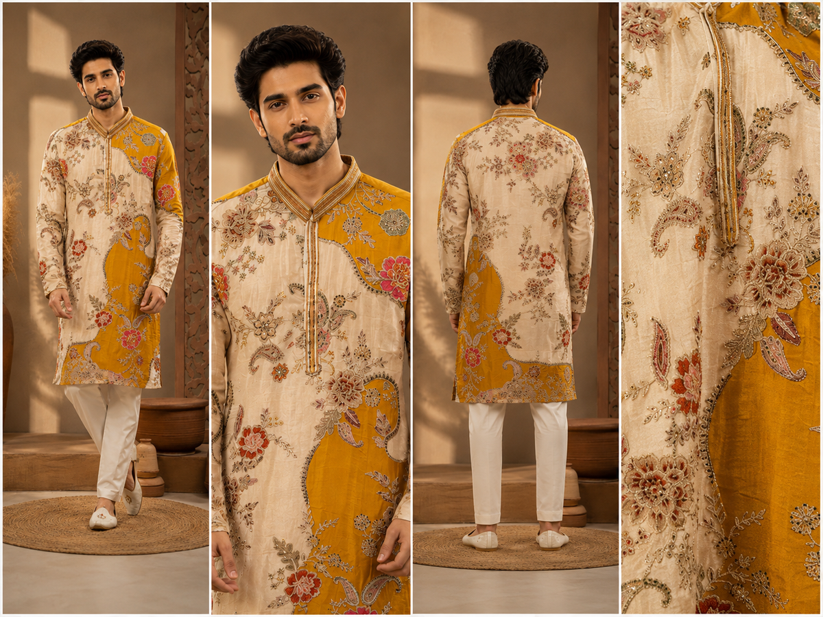 Mustard & Ivory Floral Printed Festive Kurta for Men