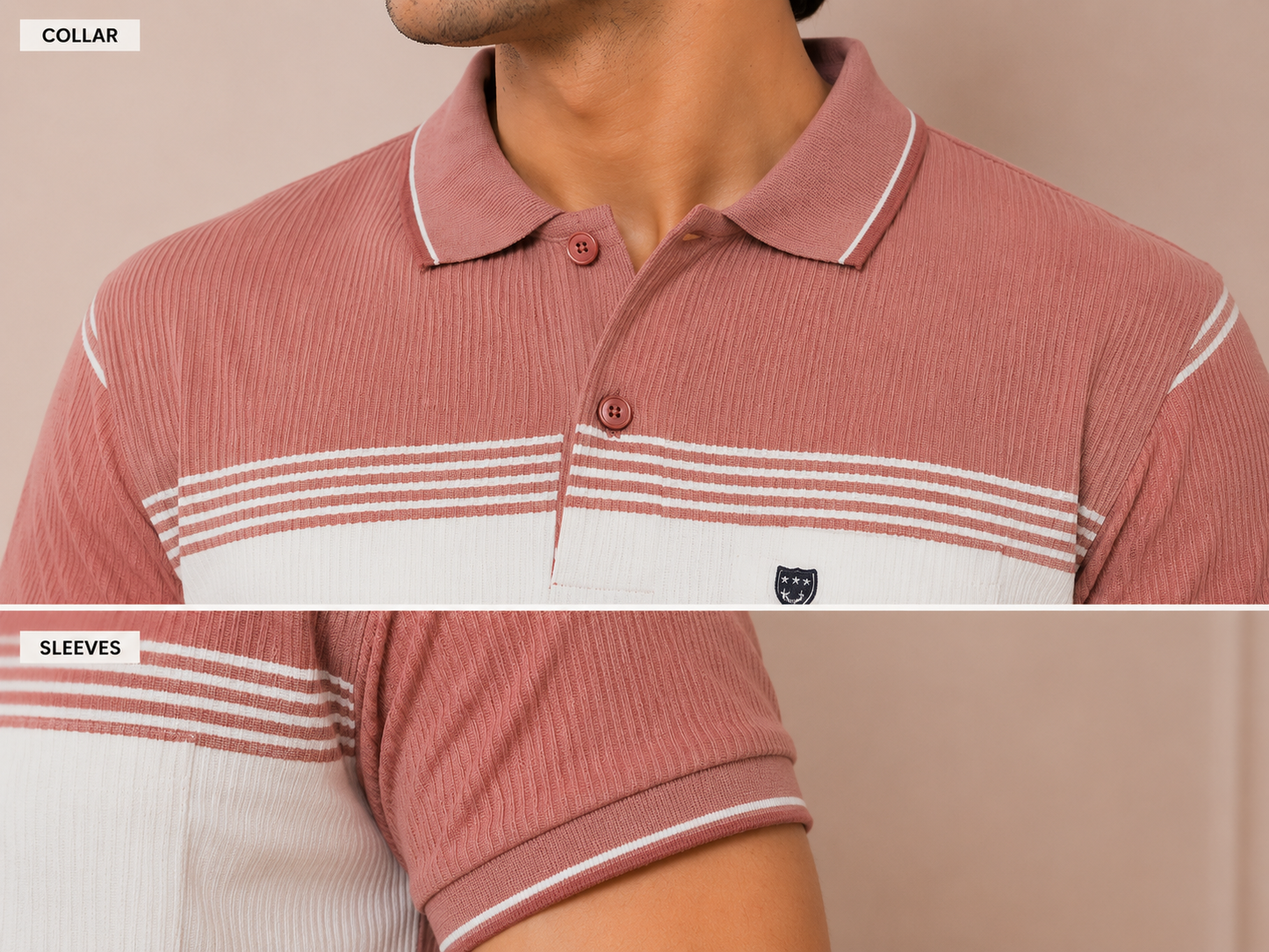 Men's Striped Polo T-Shirt with Light Wash Denim Look
