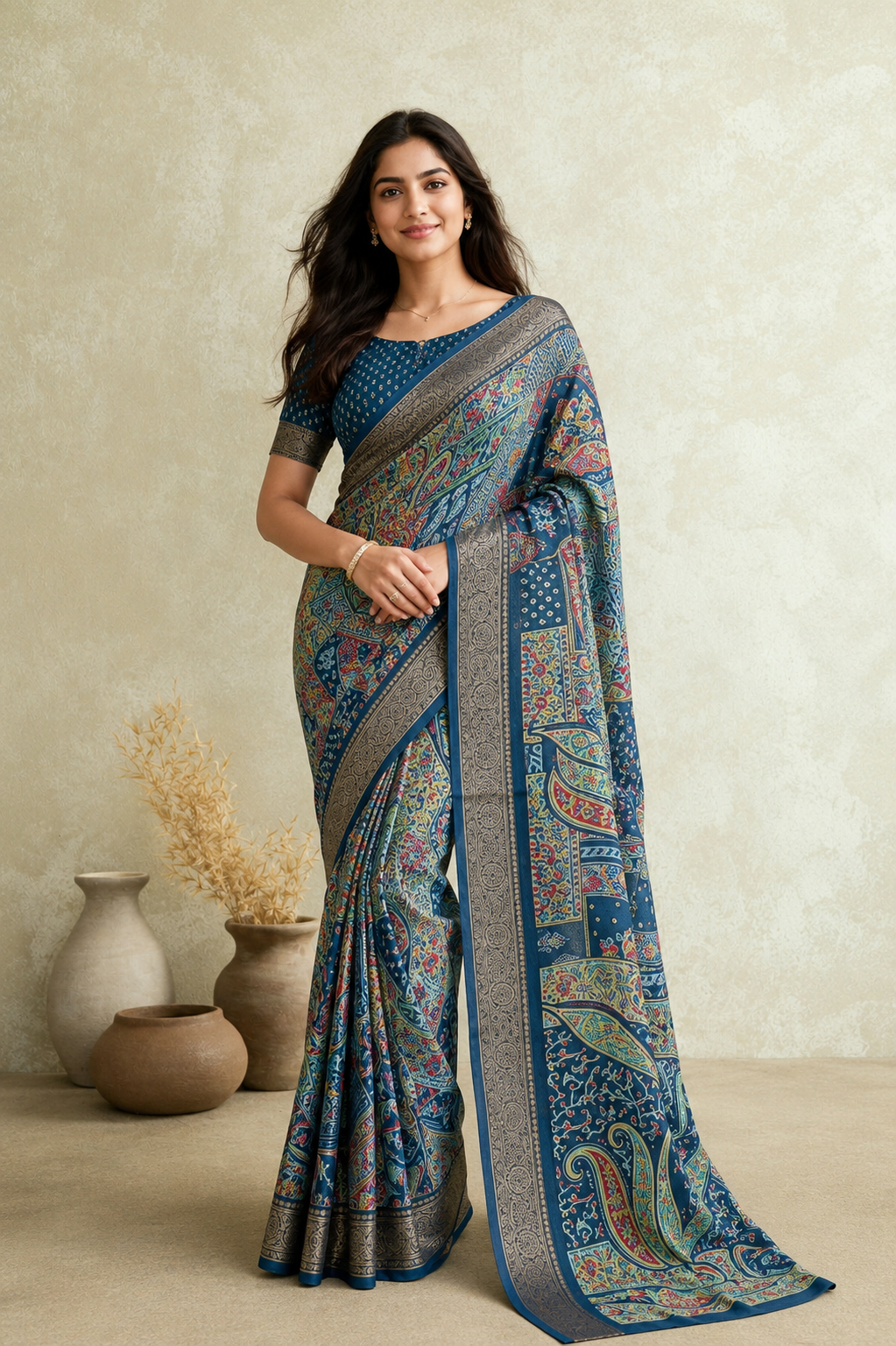 Elegant Blue Printed Saree with Intricate Paisley Design